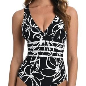 NWT-La Blanca Black and White One Piece Swimsuit with Floral Design